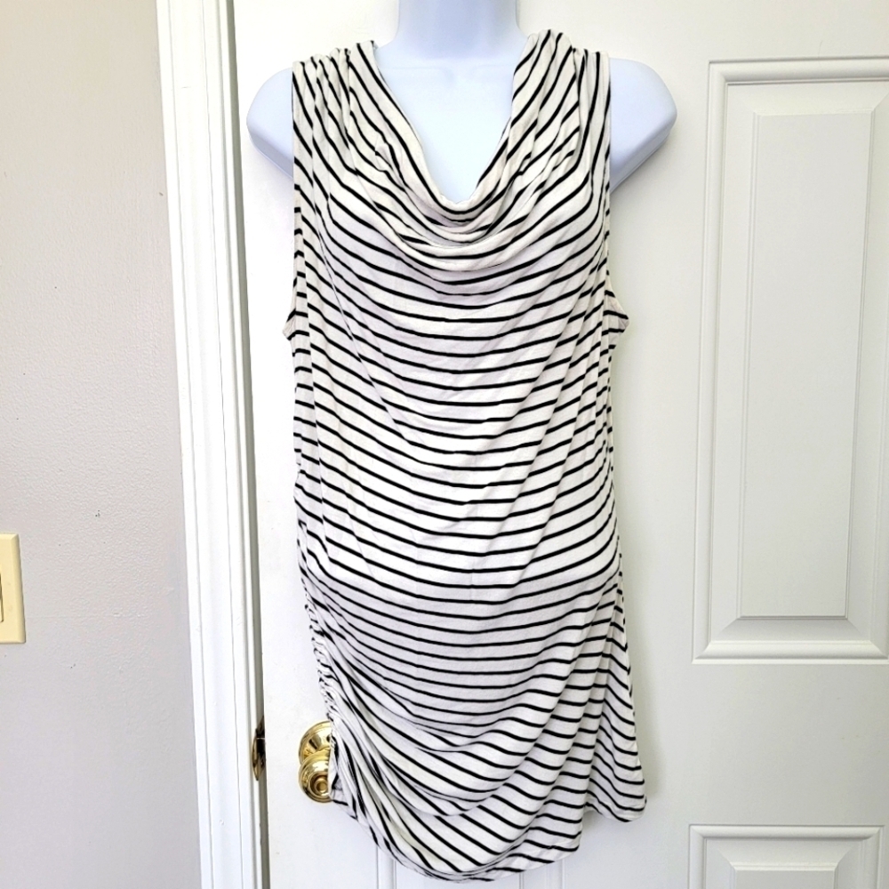 Halogen Black White Striped Cowl Neck Sleeveless Mini Dress Ruched Side Medium